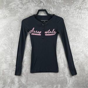 Aeropostale Long Sleeve Script Logo Graphic Henley